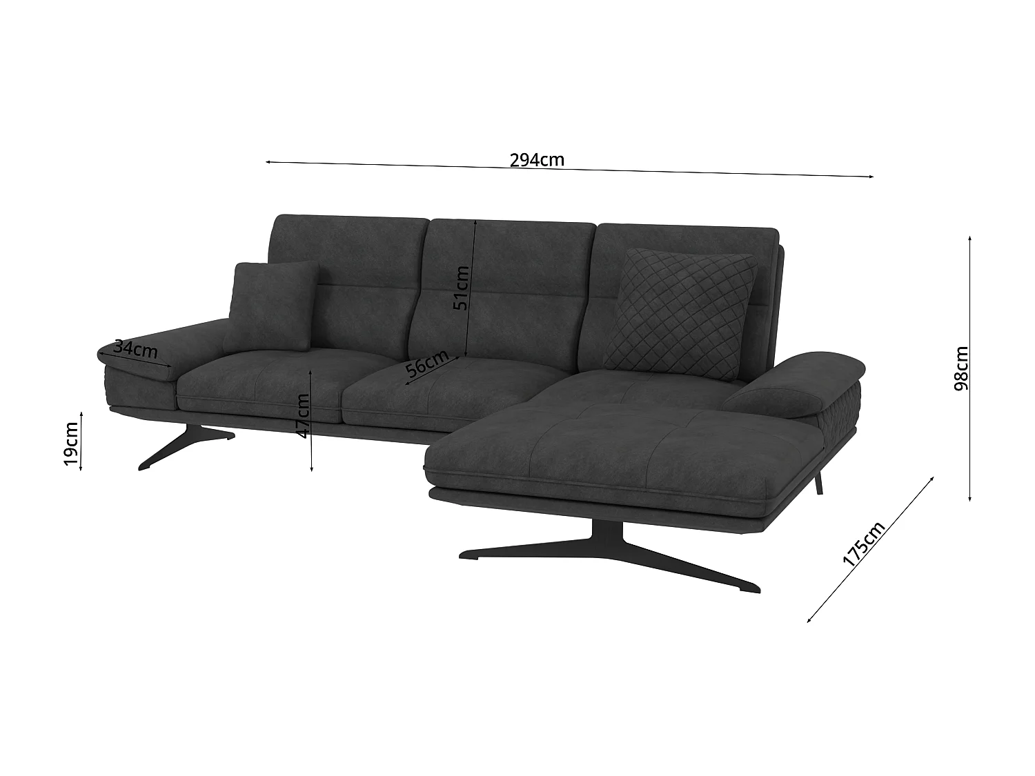 Canapé d’angle moderne avec ottomane et pieds hauts en métal noir, en tissu velours noir HAGA