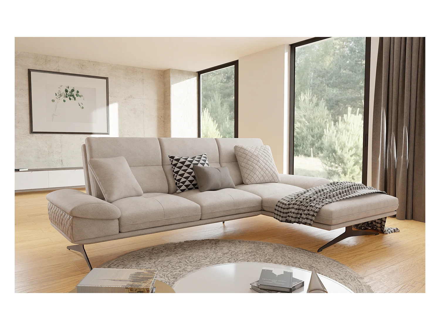 Canapé d’angle moderne avec ottomane et pieds hauts en métal noir, en tissu velours beige HAGA