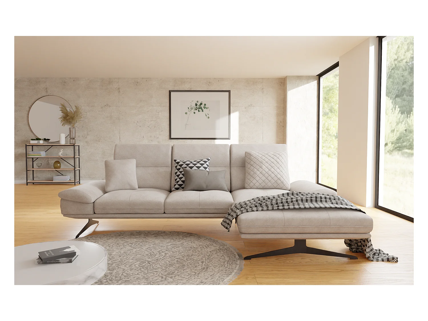 Canapé d’angle moderne avec ottomane et pieds hauts en métal noir, en tissu velours beige HAGA