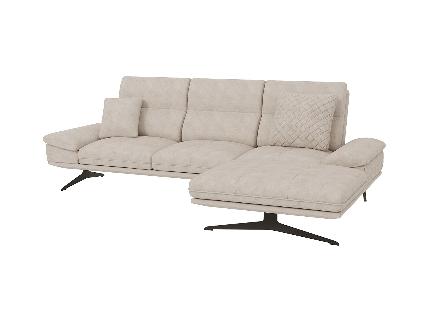 Canapé d’angle moderne avec ottomane et pieds hauts en métal noir, en tissu velours beige HAGA