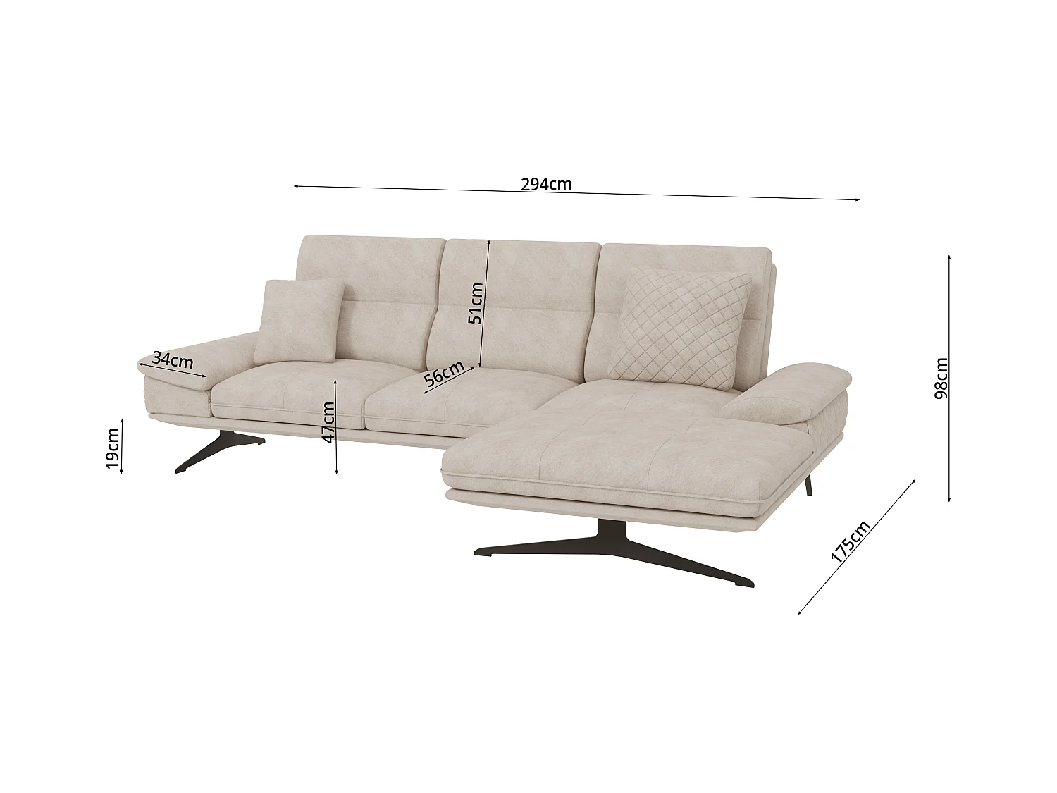 Canapé d’angle moderne avec ottomane et pieds hauts en métal noir, en tissu velours beige HAGA