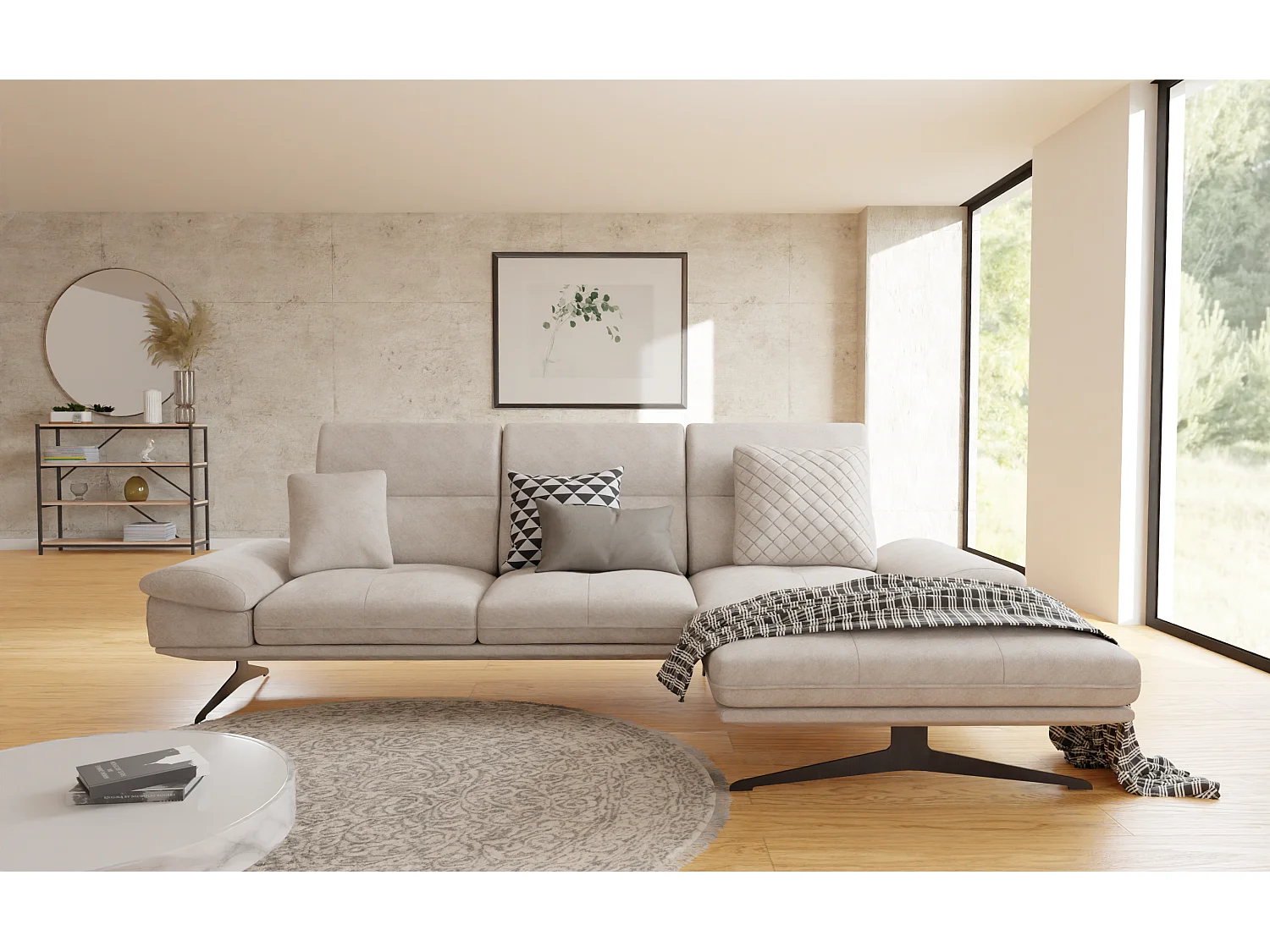 Canapé d’angle moderne avec ottomane et pieds hauts en métal noir, en tissu velours beige HAGA