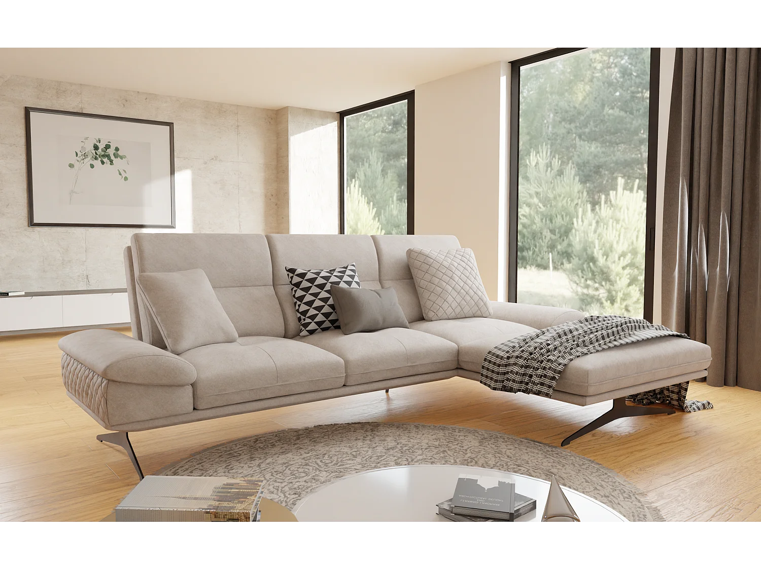 Canapé d’angle moderne avec ottomane et pieds hauts en métal noir, en tissu velours beige HAGA