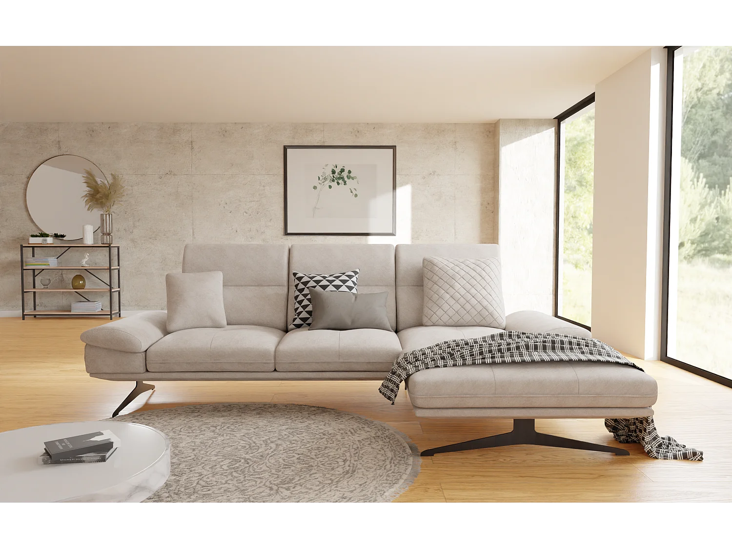 Canapé d’angle moderne avec ottomane et pieds hauts en métal noir, en tissu velours beige HAGA