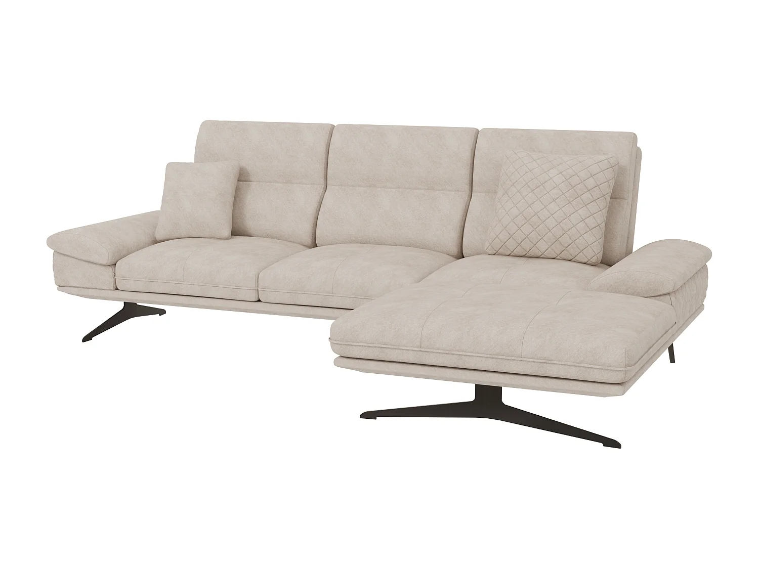 Canapé d’angle moderne avec ottomane et pieds hauts en métal noir, en tissu velours beige HAGA