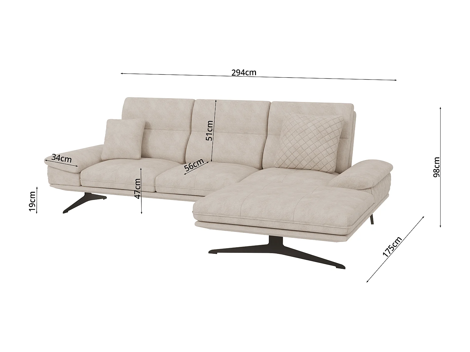 Canapé d’angle moderne avec ottomane et pieds hauts en métal noir, en tissu velours beige HAGA