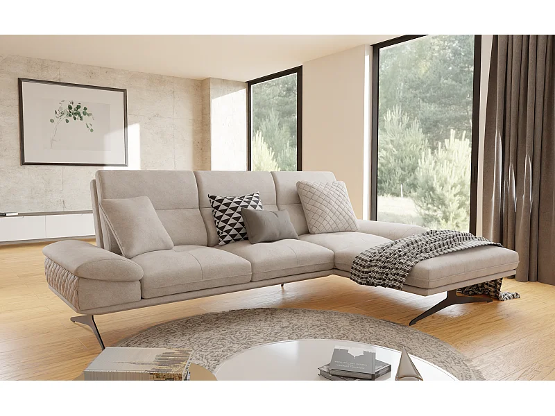 Canapé d’angle moderne avec ottomane et pieds hauts en métal noir, en tissu velours beige HAGA