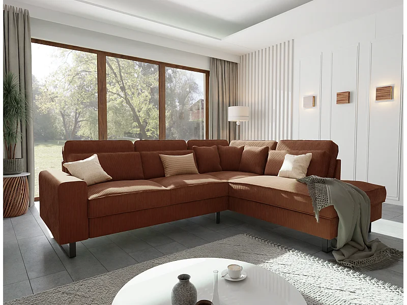 Canapé d’angle avec ottomane et pieds en métal noir, en tissu côtelé terracotta DUSK