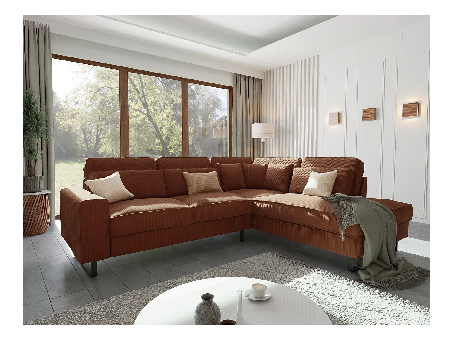 Canapé d’angle avec ottomane et pieds en métal noir, en tissu côtelé terracotta DUSK