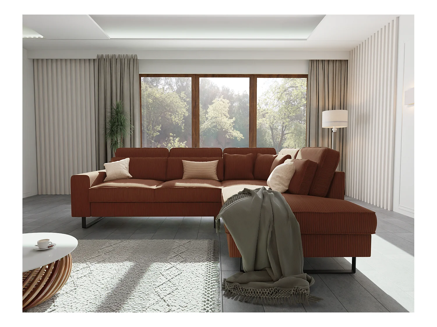 Canapé d’angle avec ottomane et pieds en métal noir, en tissu côtelé terracotta DUSK