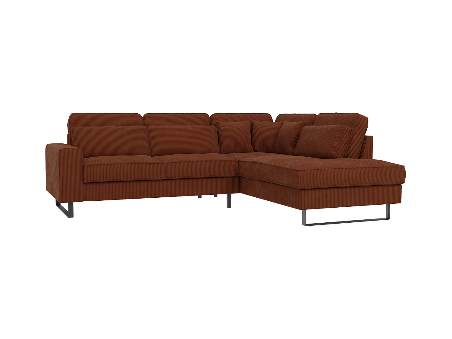 Canapé d’angle avec ottomane et pieds en métal noir, en tissu côtelé terracotta DUSK