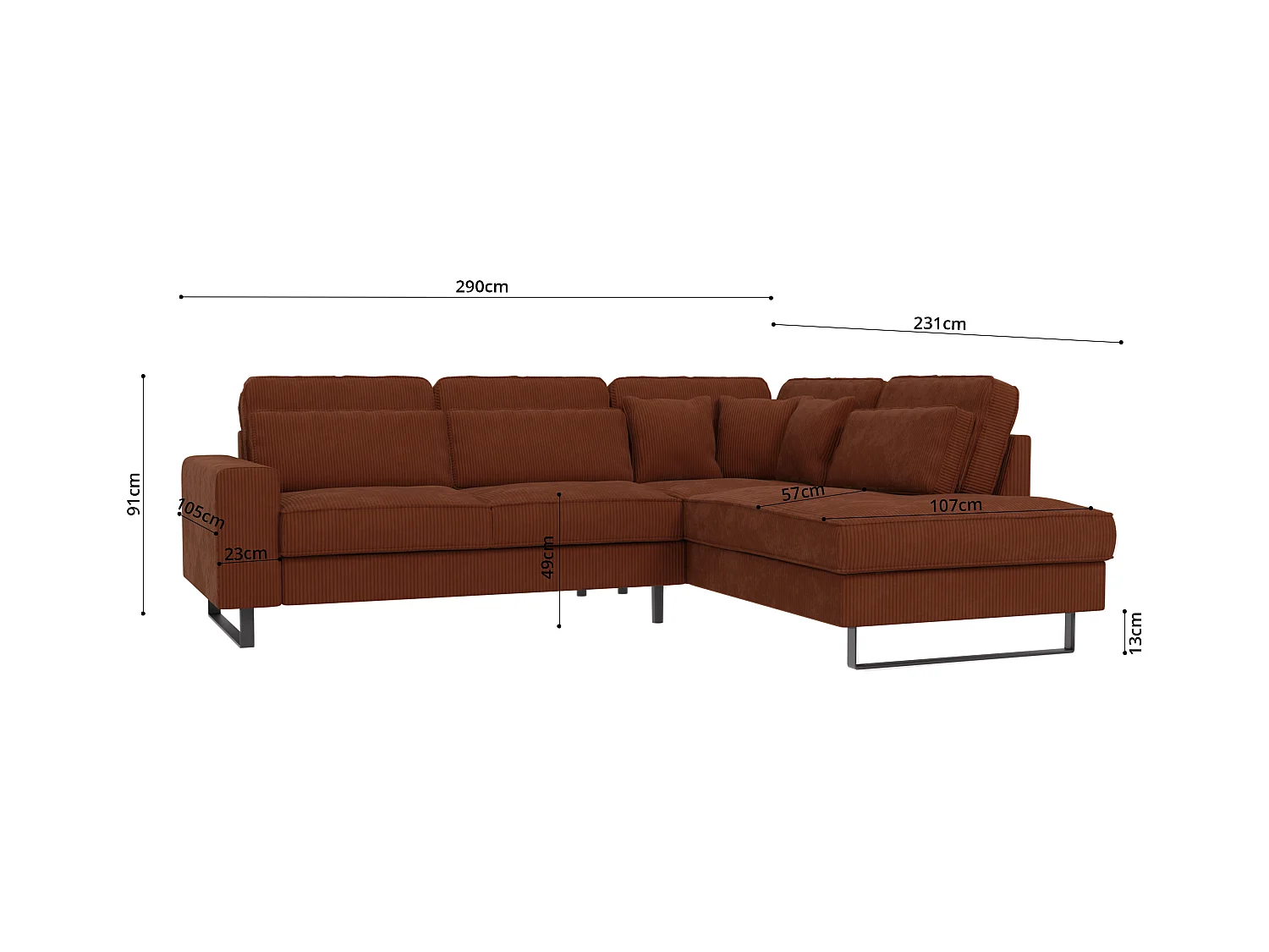 Canapé d’angle avec ottomane et pieds en métal noir, en tissu côtelé terracotta DUSK