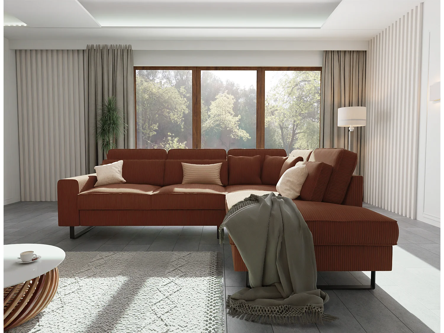 Canapé d’angle avec ottomane et pieds en métal noir, en tissu côtelé terracotta DUSK