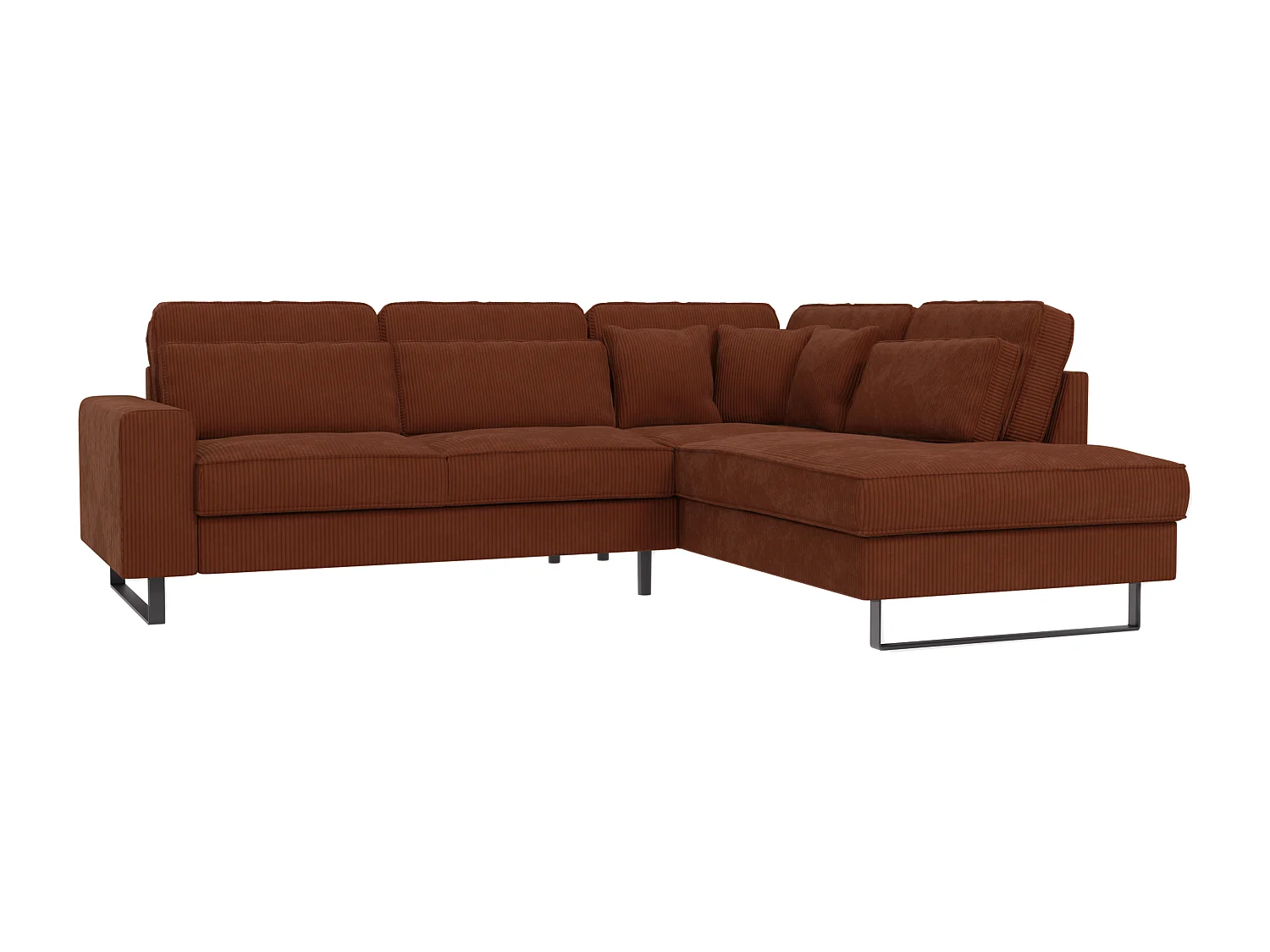 Canapé d’angle avec ottomane et pieds en métal noir, en tissu côtelé terracotta DUSK