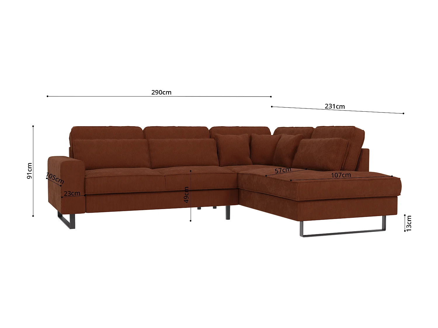 Canapé d’angle avec ottomane et pieds en métal noir, en tissu côtelé terracotta DUSK