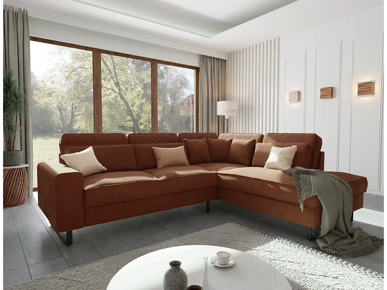 Canapé d’angle avec ottomane et pieds en métal noir, en tissu côtelé terracotta DUSK