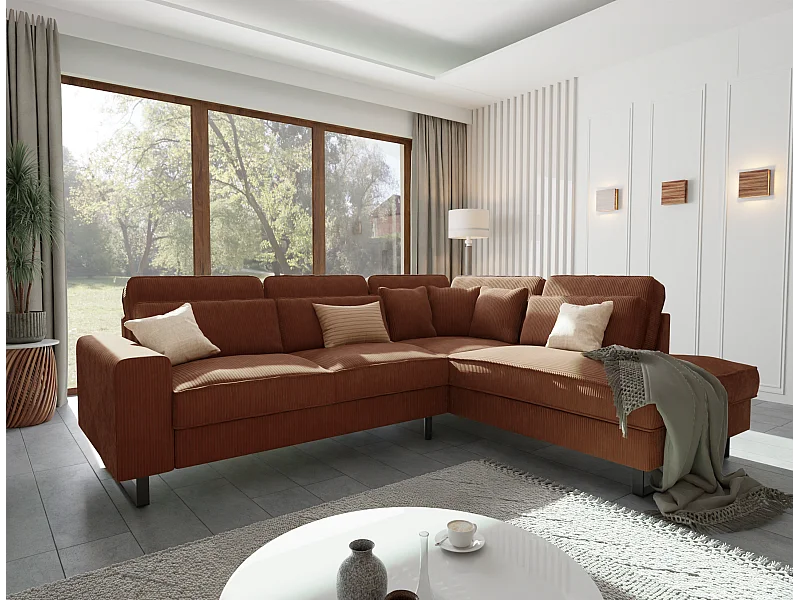 Canapé d’angle avec ottomane et pieds en métal noir, en tissu côtelé terracotta DUSK