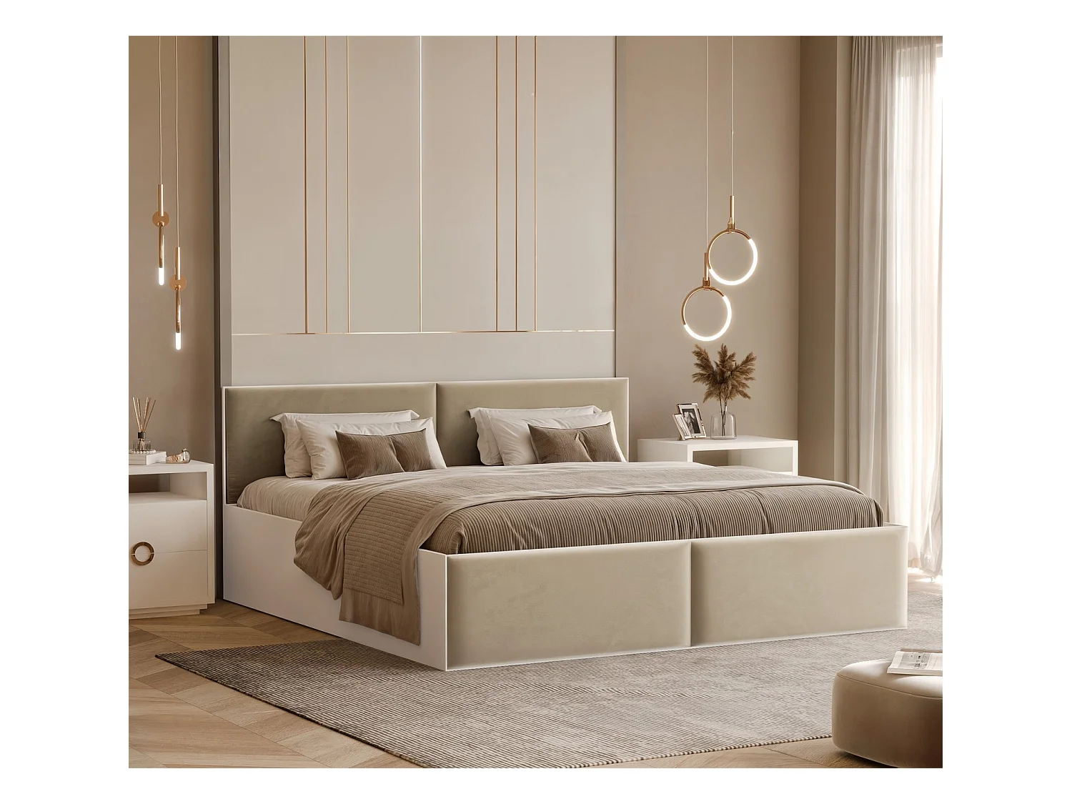 Lit tapissé ATHERIS avec coffre de rangement pour la literie | 160x200 Beige