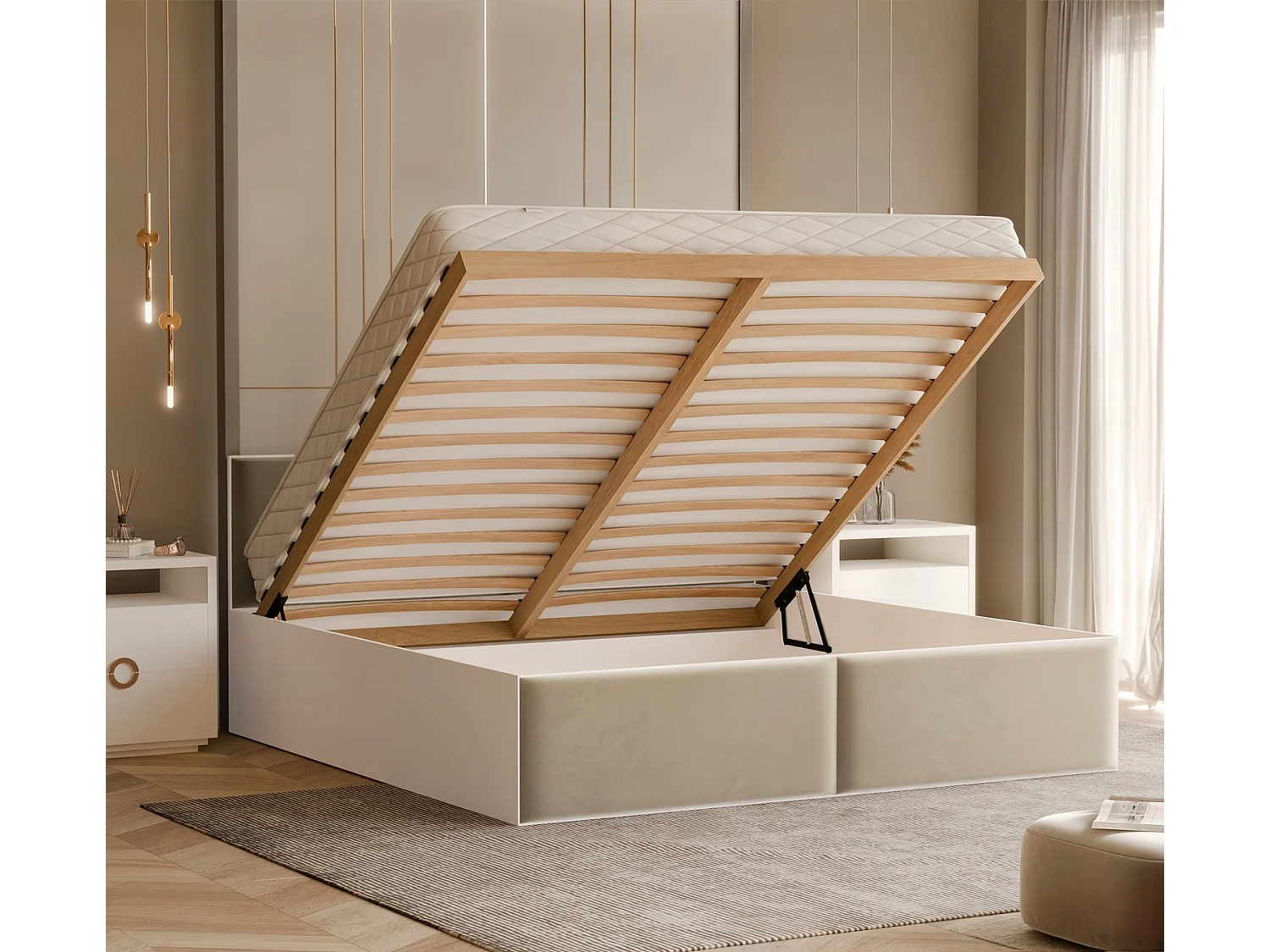 Lit tapissé ATHERIS avec coffre de rangement pour la literie | 160x200 Beige