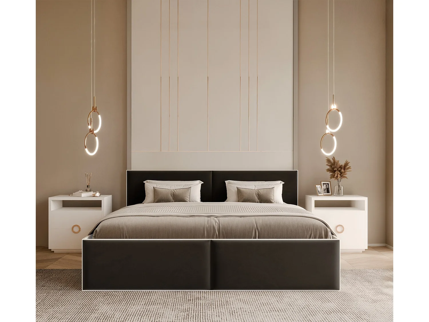 Lit tapissé ATHERIS avec coffre de rangement pour la literie | 160x200 Noir