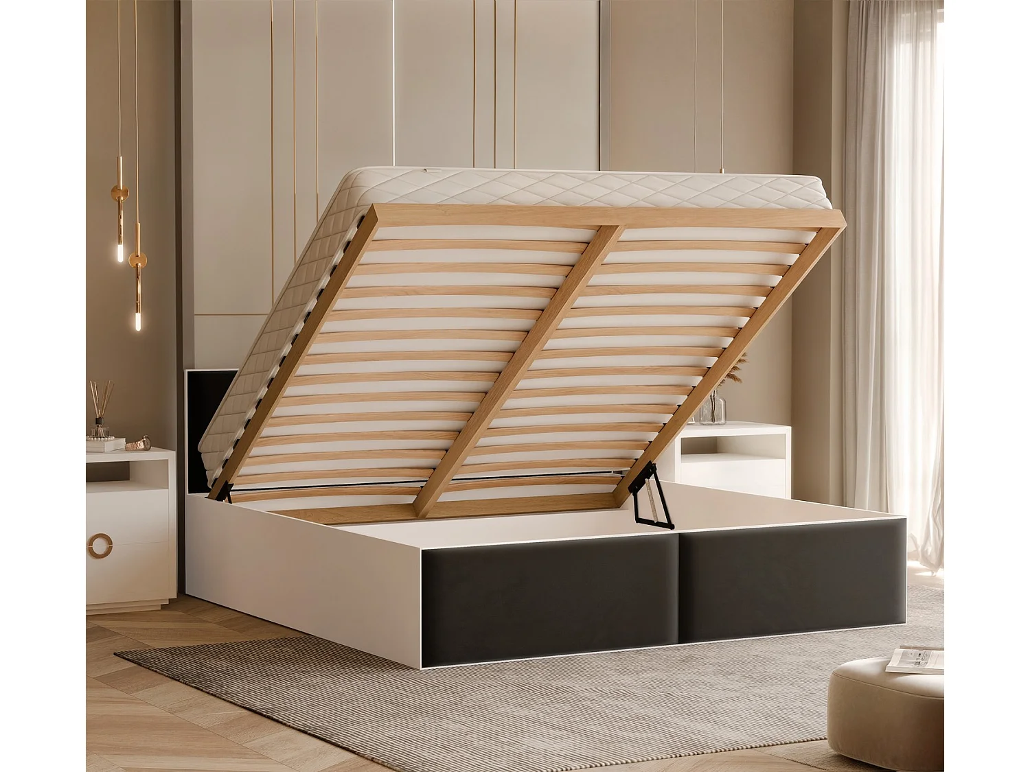 Lit tapissé ATHERIS avec coffre de rangement pour la literie | 160x200 Noir