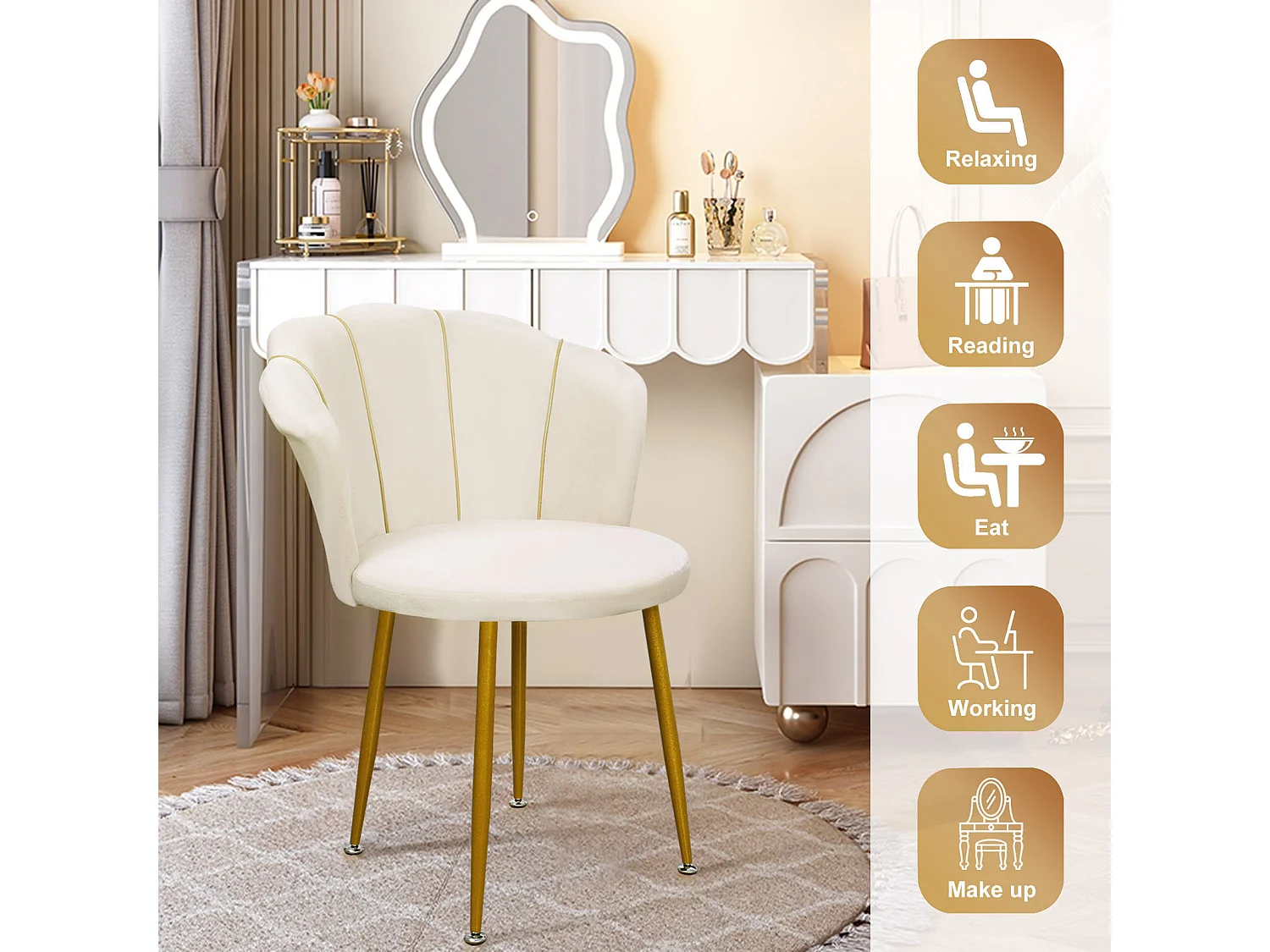 Fauteuil de coiffeuse en velours rembourré avec pieds dorés, avec dossier pour chambre, bureau, salle d'attente,rose