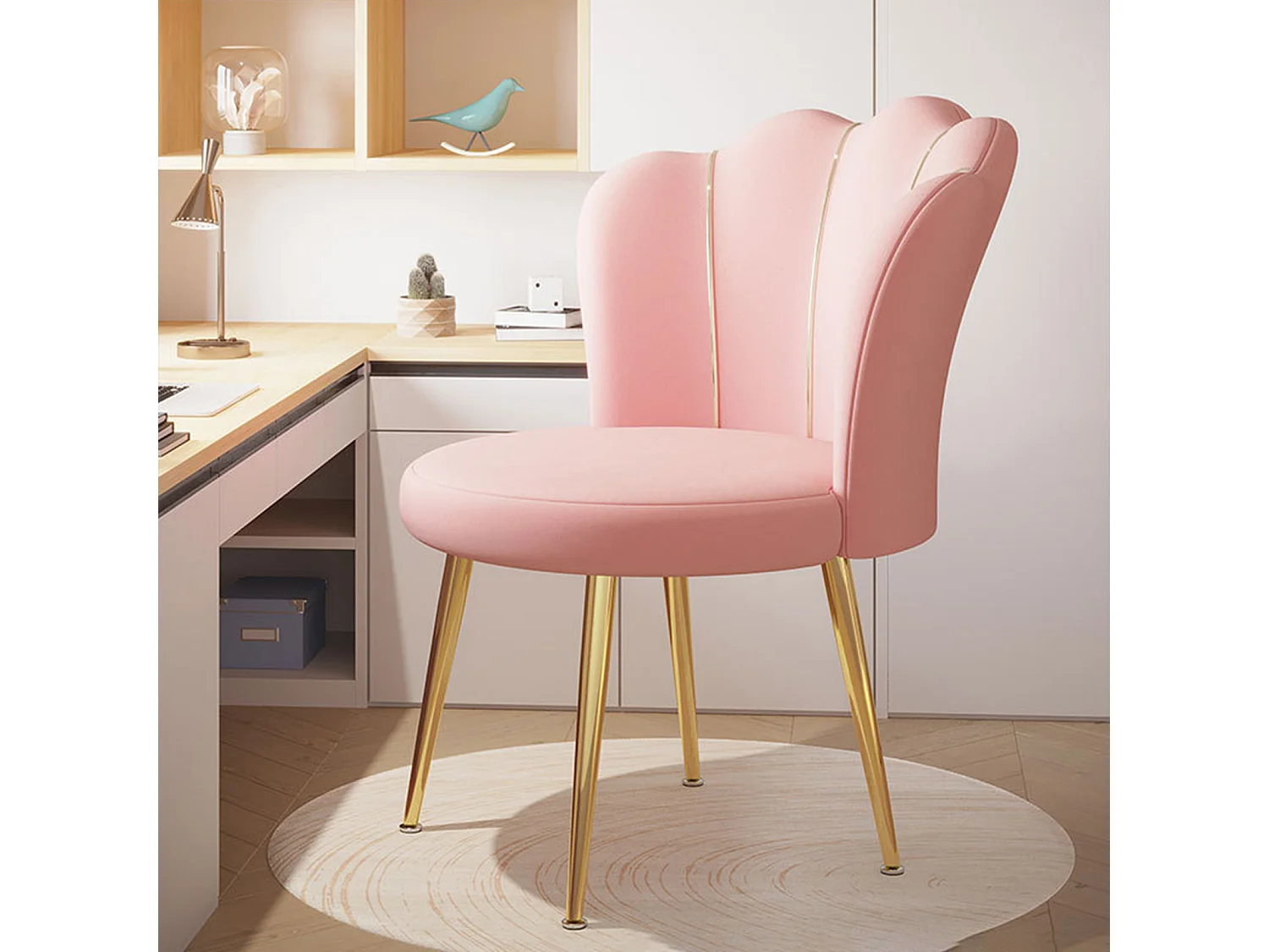 Fauteuil de coiffeuse en velours rembourré avec pieds dorés, avec dossier pour chambre, bureau, salle d'attente,rose