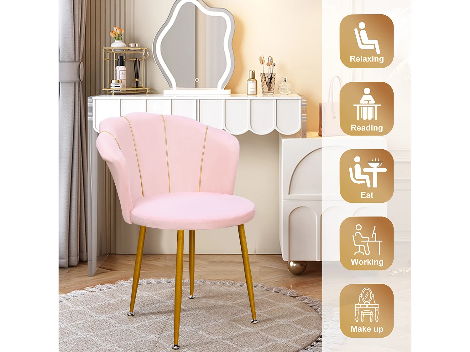 Fauteuil de coiffeuse en velours rembourré avec pieds dorés, avec dossier pour chambre, bureau, salle d'attente,rose