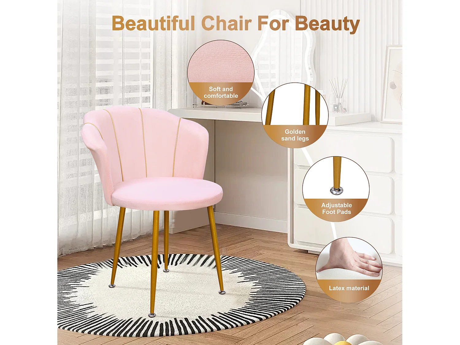 Fauteuil de coiffeuse en velours rembourré avec pieds dorés, avec dossier pour chambre, bureau, salle d'attente,rose
