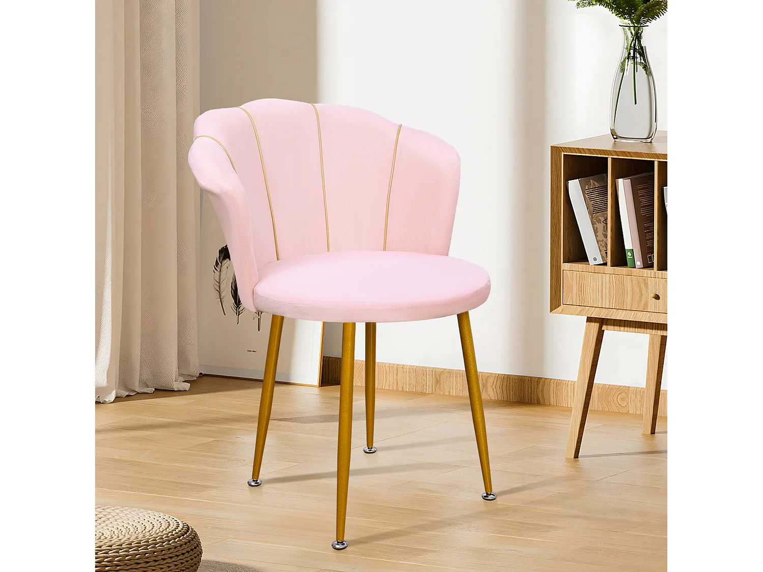 Fauteuil de coiffeuse en velours rembourré avec pieds dorés, avec dossier pour chambre, bureau, salle d'attente,rose