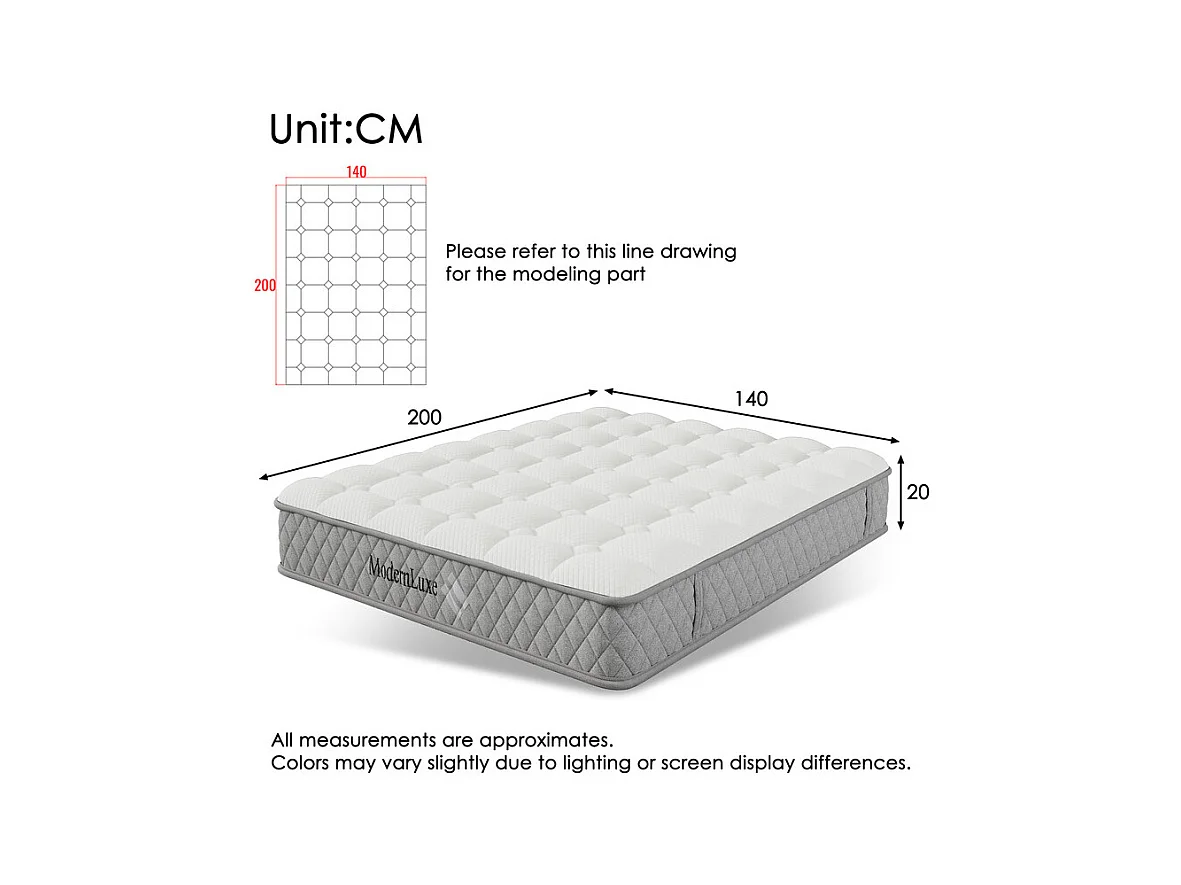 Matelas Orthopédique 140x200 cm anti-feu, avec 4 poignées, OEKO-TEX®, ép.20cm, Respirant, 7 Zones ressorts ensachés