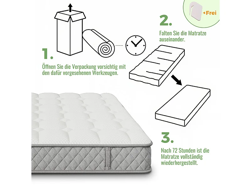Matelas Orthopédique 180x200 cm anti-feu, avec 4 poignées, OEKO-TEX®, ép.20cm, Respirant, 7 Zones ressorts ensachés