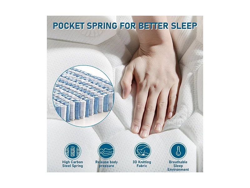 Matelas 140 x 200 cm en mousse froide, avec 7 zones ressorts ensachés et surmatelas intégré, ép.25cm, Oeko-Tex, Mi-Ferme