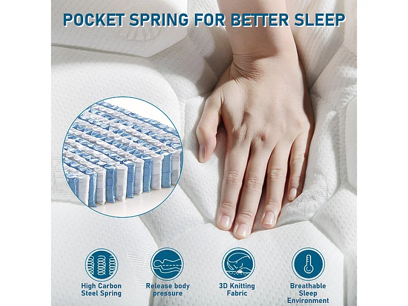 Matelas 140 x 200 cm en mousse froide, avec 7 zones ressorts ensachés et surmatelas intégré, ép.25cm, Oeko-Tex, Mi-Ferme