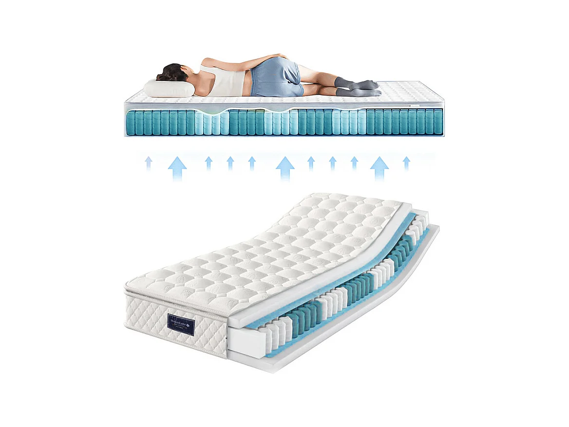 Matelas 90 x 200 cm en mousse froide, avec 7 zones ressorts ensachés et surmatelas intégré, ép.25cm, Oeko-Tex, Mi-Ferme