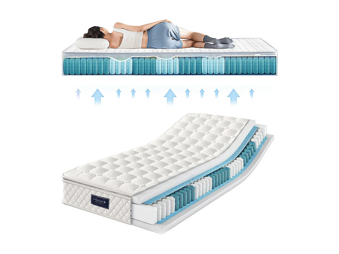 Matelas 90 x 200 cm en mousse froide, avec 7 zones ressorts ensachés et surmatelas intégré, ép.25cm, Oeko-Tex, Mi-Ferme