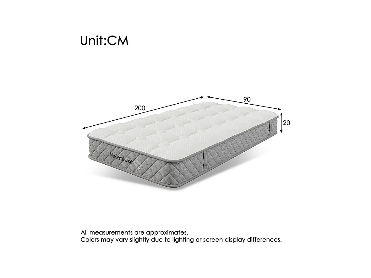 Matelas Orthopédique 90x200 cm anti-feu, avec 4 poignées, OEKO-TEX®, ép.20cm, Respirant, 7 Zones ressorts ensachés