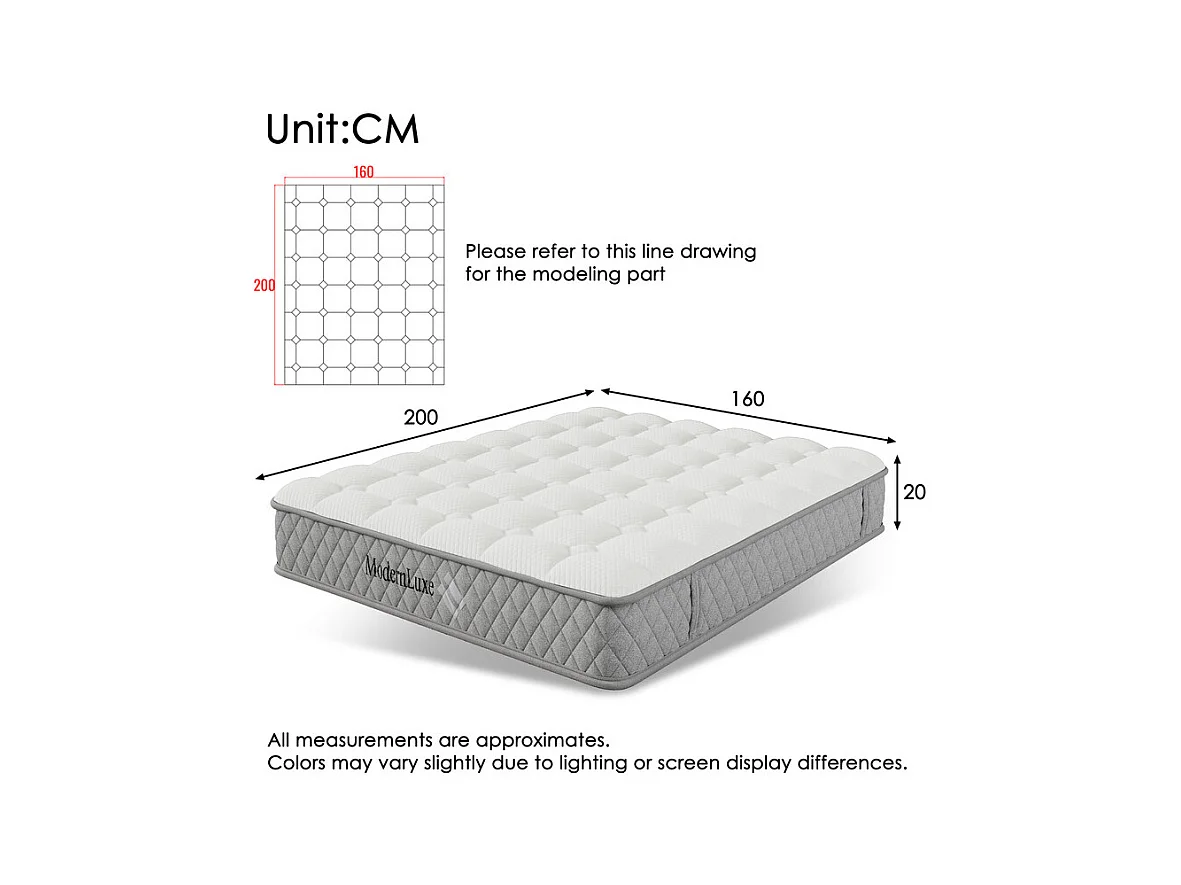Matelas Orthopédique 160x200 cm anti-feu, avec 4 poignées, OEKO-TEX®, ép.20cm, Respirant, 7 Zones ressorts ensachés