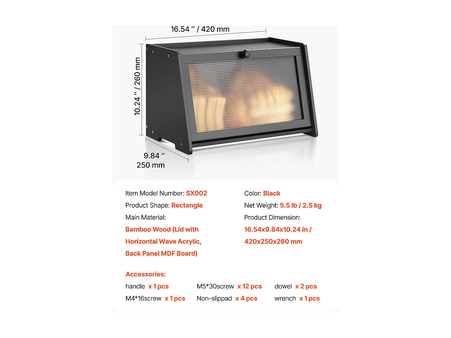 Boîte à Pain SucceBuy pour Comptoir de Cuisine à 1 Niveau, Récipient de Stockage de Style Rustique, Grande Capacité avec Porte en Acrylique Ondulé