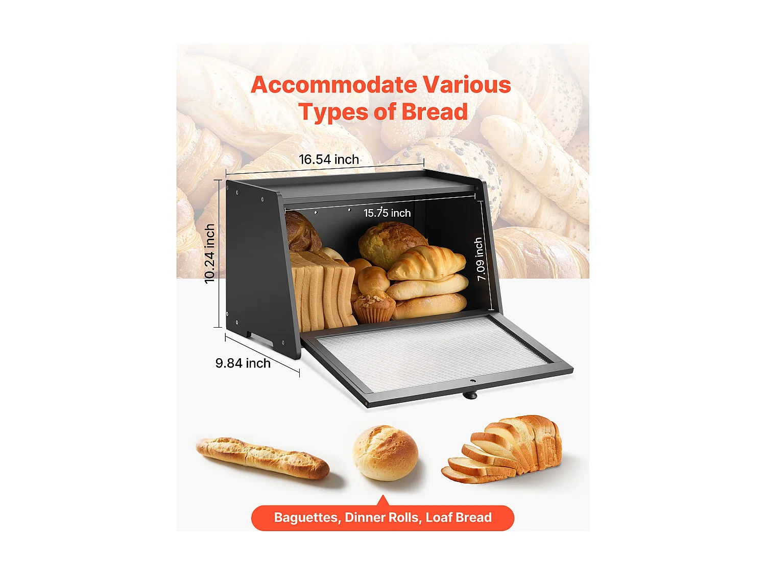 Boîte à Pain SucceBuy pour Comptoir de Cuisine à 1 Niveau, Récipient de Stockage de Style Rustique, Grande Capacité avec Porte en Acrylique Ondulé