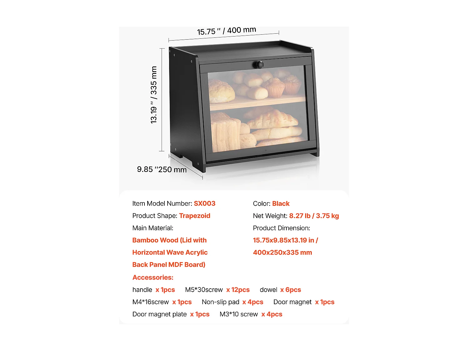 Boîte à Pain SucceBuy à 2 Niveaux pour Comptoir de Cuisine, Récipient de Stockage de Style Rustique, Grande Capacité, Rangement Alimentaire, Noir