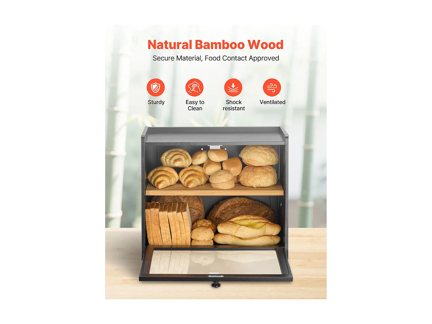 Boîte à Pain SucceBuy à 2 Niveaux pour Comptoir de Cuisine, Récipient de Stockage de Style Rustique, Grande Capacité, Rangement Alimentaire, Noir