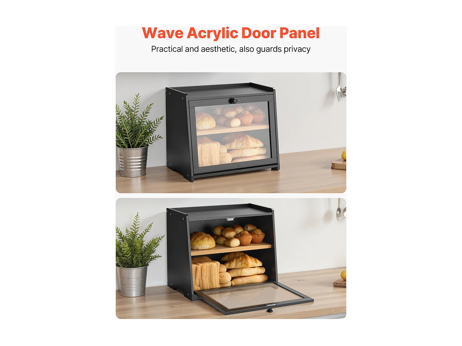 Boîte à Pain SucceBuy à 2 Niveaux pour Comptoir de Cuisine, Récipient de Stockage de Style Rustique, Grande Capacité, Rangement Alimentaire, Noir