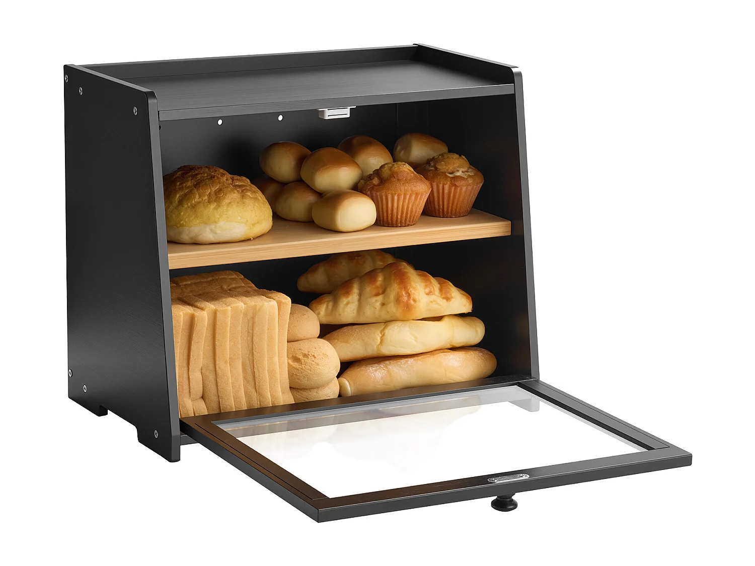 Boîte à Pain SucceBuy à 2 Niveaux pour Comptoir de Cuisine, Récipient de Stockage de Style Rustique, Grande Capacité, Rangement Alimentaire, Noir