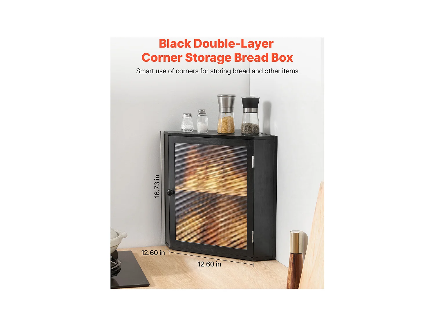Eckbrotkasten SucceBuy 2-stufig für Küchentheke, Großer Aufbewahrungsraum mit Gewellten Acrylklappen, Rustikales Design, Schwarz