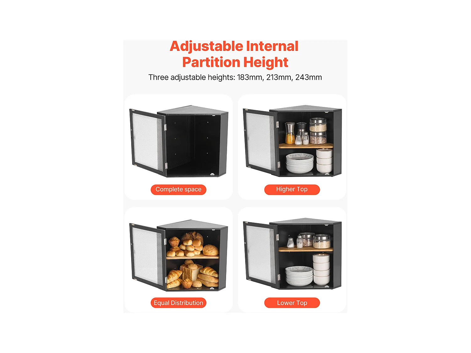 Eckbrotkasten SucceBuy 2-stufig für Küchentheke, Großer Aufbewahrungsraum mit Gewellten Acrylklappen, Rustikales Design, Schwarz