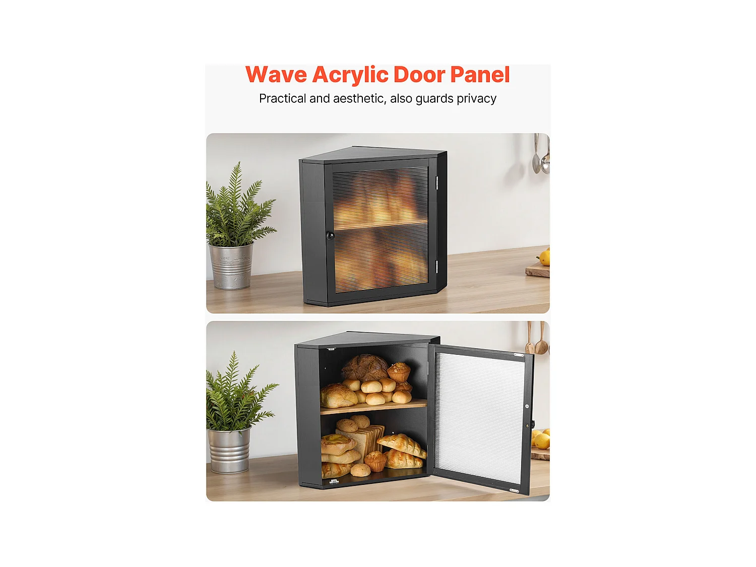 Eckbrotkasten SucceBuy 2-stufig für Küchentheke, Großer Aufbewahrungsraum mit Gewellten Acrylklappen, Rustikales Design, Schwarz