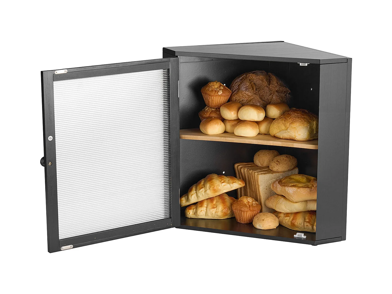 Eckbrotkasten SucceBuy 2-stufig für Küchentheke, Großer Aufbewahrungsraum mit Gewellten Acrylklappen, Rustikales Design, Schwarz