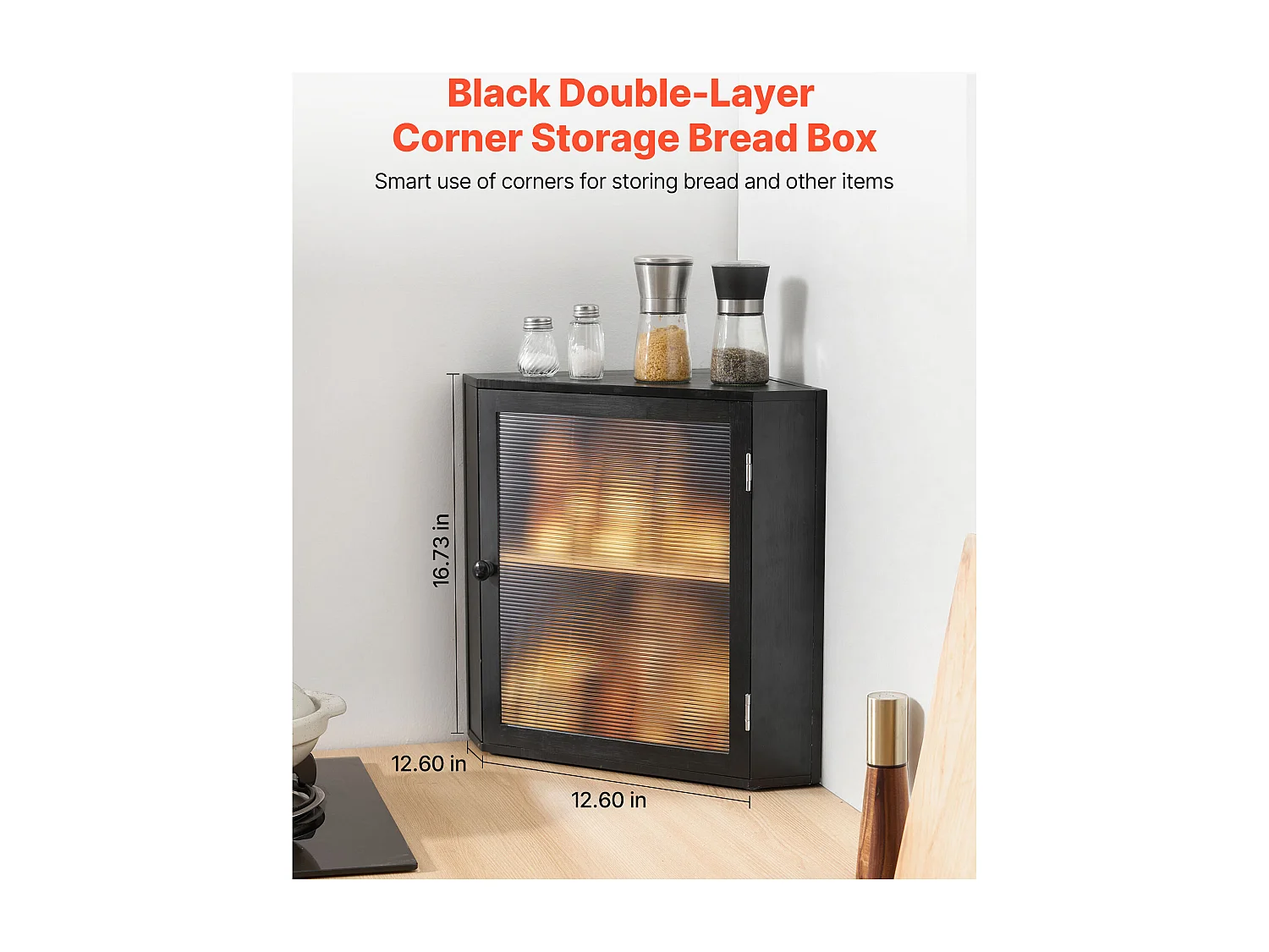 Boîte à Pain SucceBuy d'Angle à 2 Niveaux pour Comptoir de Cuisine, Grand Espace de Rangement avec Portes en Acrylique Ondulé, Design Rustique, Noir