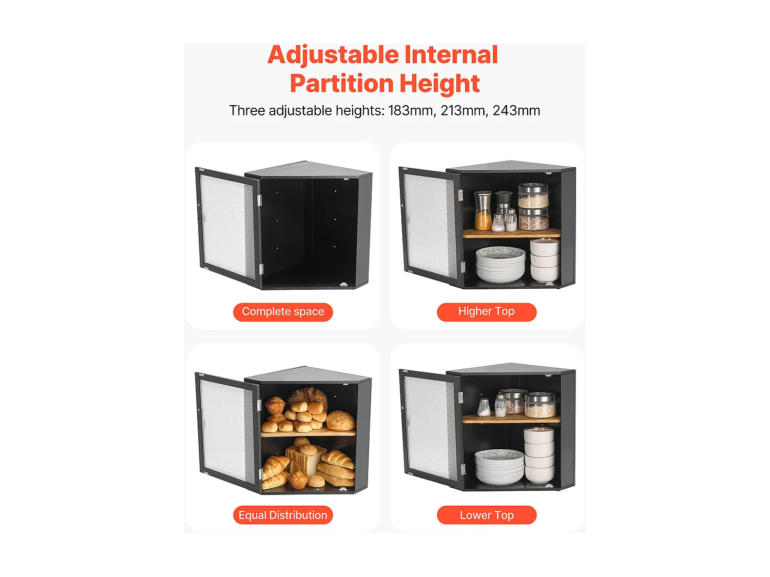 Boîte à Pain SucceBuy d'Angle à 2 Niveaux pour Comptoir de Cuisine, Grand Espace de Rangement avec Portes en Acrylique Ondulé, Design Rustique, Noir